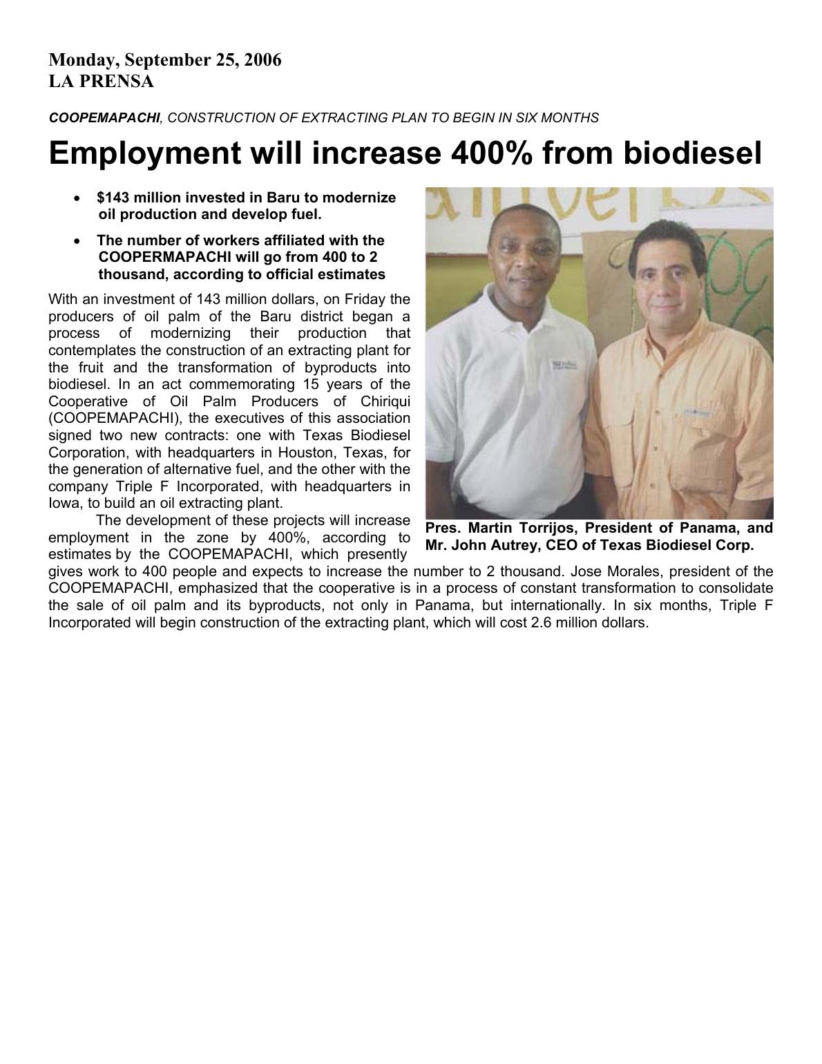 Panama press coverage of biodiesel producer development, 2006